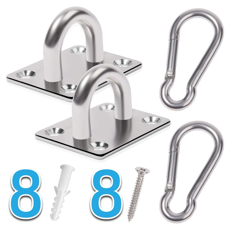 PAMAZY 2PCS M8 Premium Heavy Duty Square Stainless Steel Pad Eye Hooks + 2PCS Snap Hooks and 8PCS Screws with 8PCS Plastic Expansion Tube, Ceiling Hooks Heavy Duty for Outdoor Indoor Activity - Image 2